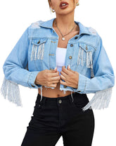 Women's Raw Hem Ripped Fringe Long Sleeve Crop Denim Jacket - Zeagoo (Us Only)