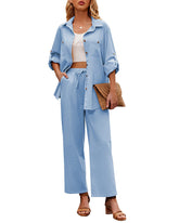 Zeagoo Women 2 Piece Linen Sets Button Down Shirt and Drawstring Long Pants Set Summer Outfits (US Only)