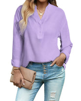 Womens Blouses Dressy Casual Long Sleeve Henley V-Neck Button Up Drop Shoulder Blouse Shirt Tops Relaxed Fit S-XXL - Zeagoo (Us Only)