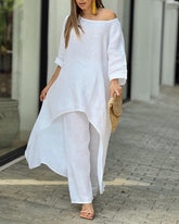 Two Piece Set Casual Retro Loose Long-sleeved Irregular Blouse and Loose Pants