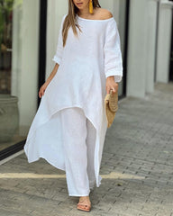 Two Piece Set Casual Retro Loose Long-sleeved Irregular Blouse and Loose Pants