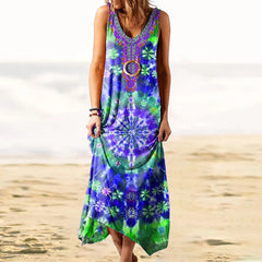 Ethnic Style Print Dress Long Maxi Dresses Retro Tank Dress Loose Beach Dress