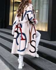 Casual Long Sleeve Lapel Printed Notched Collar Warm Midi Jacket Overcoat