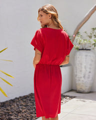 Solid Color Short Sleeve Splicing Plain Color Mid Dress