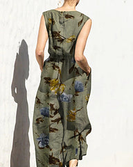 Printed Elastic Waist Playsuit Plain Sleeveless Wide Leg Long Jumpsuit