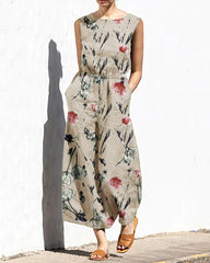 Butterflies Printed Elastic Waist Playsuit Plain Sleeveless Wide Leg Long Jumpsuit