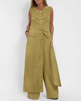 Chic Two Pieces Sleeveless Slim-Fit Long Shirt Dress and Straight Leg Pants Sets