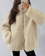 Teddy Fleece Jacket Cozy High Collar Zip-up Coat Fuzzy Winter Outwear with Pockets