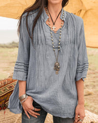 Solid V-Neck Tees Lace Splicing Fold Blouse Flowy Casual Loose Fit Shirt