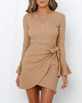 Trumpet Ruffle Long Sleeve Slim Bow Dress