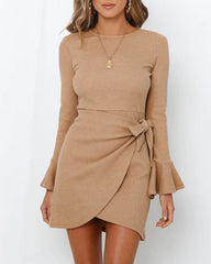 Trumpet Ruffle Long Sleeve Slim Bow Dress
