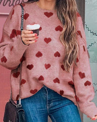 Contrast Color Fuzzy Hearts Knit Sweater