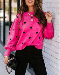 Peach Heart Pattern Long Bell Sleeve Knit Sweater