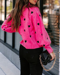 Peach Heart Pattern Long Bell Sleeve Knit Sweater