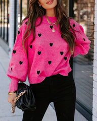 Peach Heart Pattern Long Bell Sleeve Knit Sweater