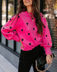 Peach Heart Pattern Long Bell Sleeve Knit Sweater
