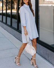 Plus Size Striped Print Button Front Long Sleeve Mini Shirt Dress