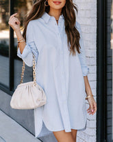 Plus Size Striped Print Button Front Long Sleeve Mini Shirt Dress