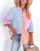 Color Block Button Down Shirts Patchwork Oversized Long Sleeve Blouse Top with Pockets