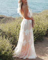 Formal Dresses Plunging V-Neck Backless Embroidered Floral Lace Mesh Maxi Dress