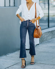 Buckle Design High-waisted Micro-flared Jeans Casual Cropped Pants