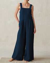 Cotton Linen Romper Solid Color Sleeveless Square Neck Backless Jumpsuit