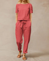 Two Piece Outfits Solid Color Short Sleeve Tops Comfortable Lace Up Pants Set