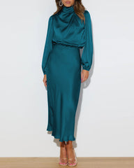 Satin Long-Sleeved Loose Fit Dress Elegant Evening Party Dresses