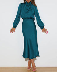 Satin Long-Sleeved Loose Fit Dress Elegant Evening Party Dresses