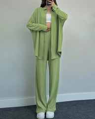 Elegant Solid Color Long-Sleeve Shirt Cardigan & Wide-Leg Pants Casual Set