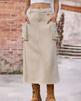 Casual High Waist Denim Midi Skirt Drawstring Adjustable Long Jeans Skirt with Pockets