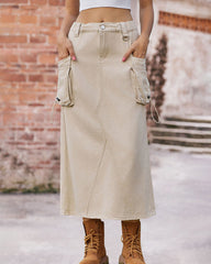 Casual High Waist Denim Midi Skirt Drawstring Adjustable Long Jeans Skirt with Pockets