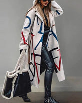 Casual Long Sleeve Lapel Printed Notched Collar Warm Midi Jacket Overcoat