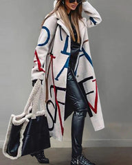 Casual Long Sleeve Lapel Printed Notched Collar Warm Midi Jacket Overcoat