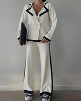 Collared Casual Comfort Knitted Set Color-Blocked Long-Sleeve Top and Pants