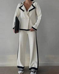 Collared Casual Comfort Knitted Set Color-Blocked Long-Sleeve Top and Pants