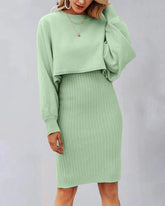 Women's Two Pieces Sets Long Sleeve Lazy Style Fashionable Sweater + Solid Knitted Skirt Dress