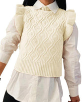 Women's Sweater Vests Round Neck Ruffle Cable Knit Cropped Tops Sleeveless Sweater S-XXL - Zeagoo (Us Only)