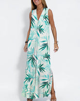 Geometric Color Block Dress Regular Fit Sleeveless Tank Dress Split Neck Print Long Dress