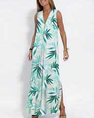 Geometric Color Block Dress Regular Fit Sleeveless Tank Dress Split Neck Print Long Dress