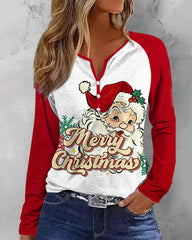 Christmas Santa Claus V Neck Shift Casual Long Sleeve Top