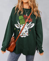 Christmas Cow Merry Bright Round Neck Casual Pullover Sweatshirt