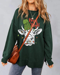 Christmas Cow Merry Bright Round Neck Casual Pullover Sweatshirt