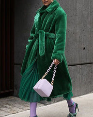 Women Warm Thick Coat With Belt Fax Fur Long Coat