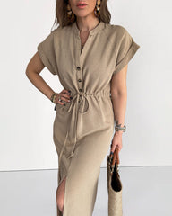 Cotton Linen Dress Round Neck Single Breasted Button Sleeves Drawstring Slit Mid Length Dress