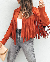 Slim Lapel Tassel Coats Soild Short Jackets Fringe Long Sleeve Party Cardigan