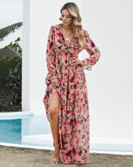 Lotus Leaf Edge V-neck Lantern Sleeve Floral Print Maxi Dresses