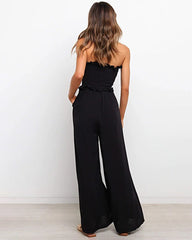 Smocked Strapless Jumpsuits Wide Leg Long Pants Rompers