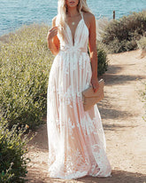 Formal Dresses Plunging V-Neck Backless Embroidered Floral Lace Mesh Maxi Dress