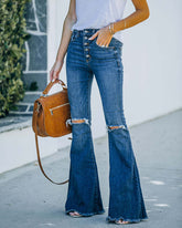 Single Row Buttons Horn Flared Jeans